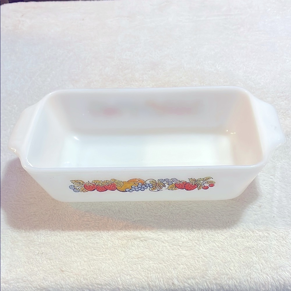 Vintage Anchor Hocking Fire King White Rectangular Baking Dish with Fruit Design